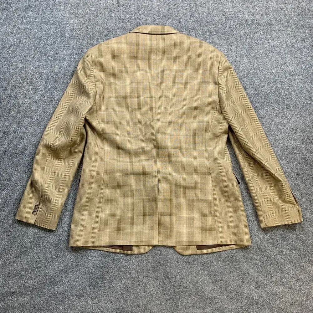 John W Nordstrom Blazer Men 44L Long Straw Beige Blue‎ Plaid Wool Silk Blend